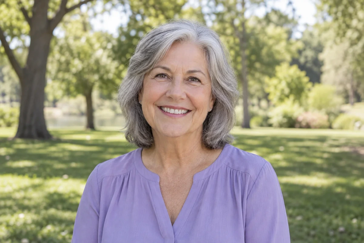 Older woman smiling at the camera outdoors